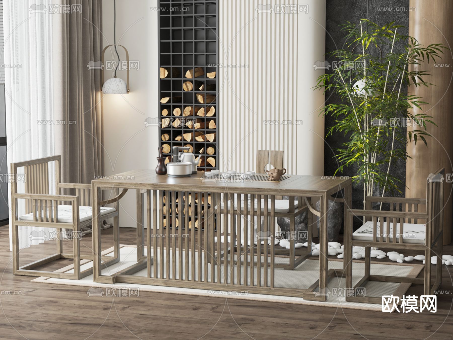 新中式茶桌椅su模型下载（渲染图1）