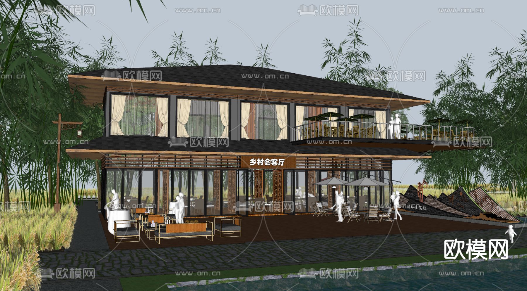 新中式民宿酒楼建筑外观su模型下载（渲染图3）