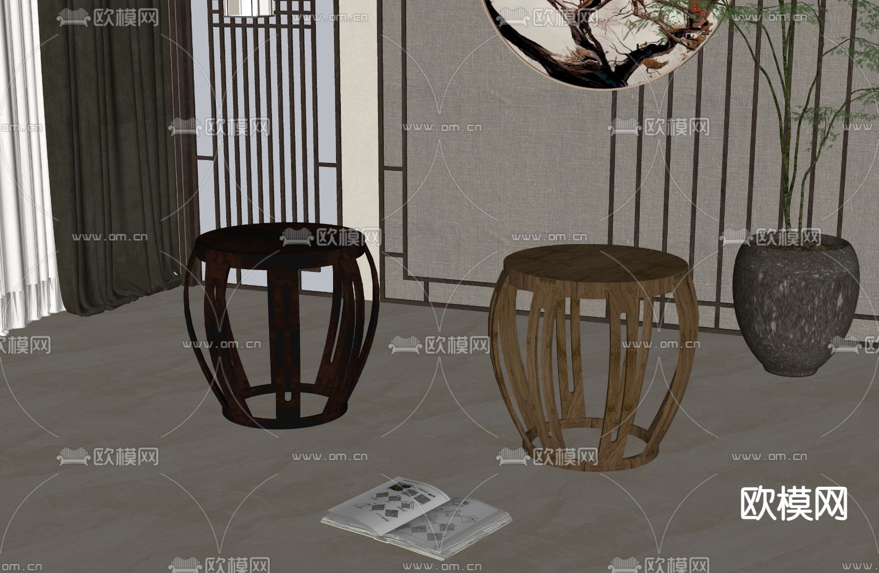 新中式凳子su模型下载（渲染图2）