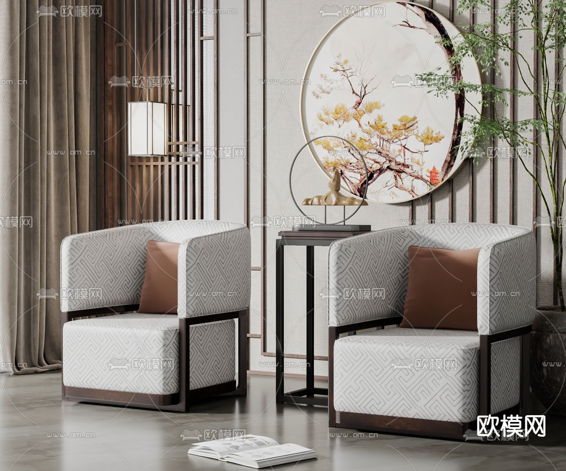 新中式单人沙发su模型下载（渲染图1）