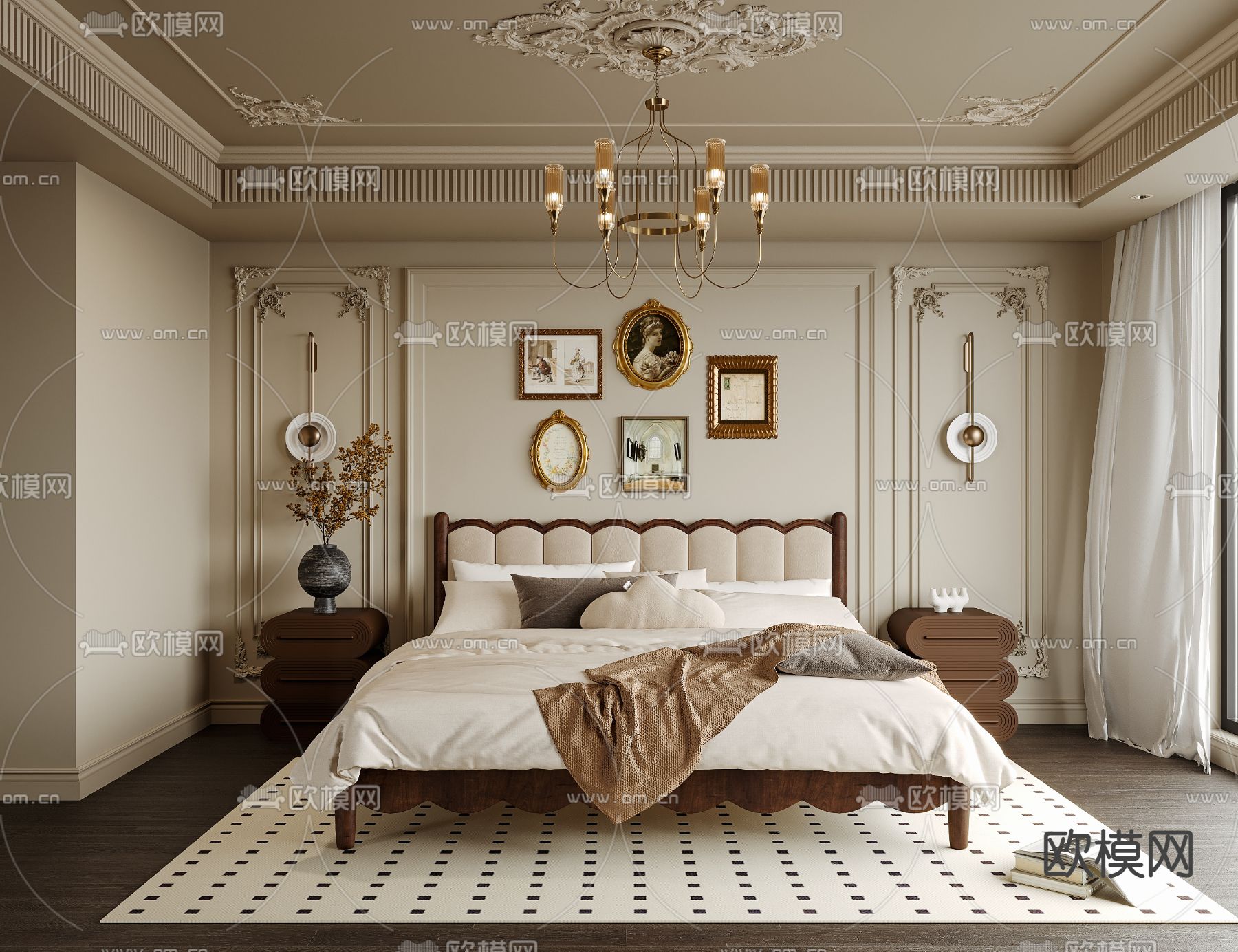 法式卧室su模型下载（渲染图1）