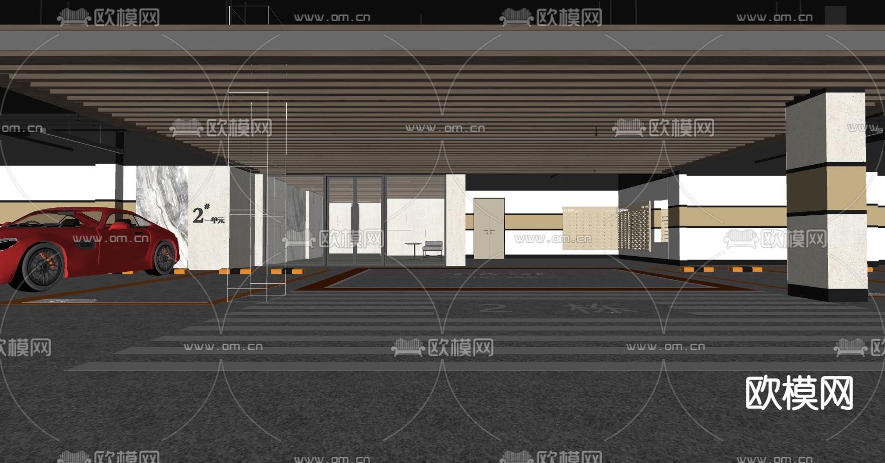 现代地下室停车场su模型下载（渲染图2）