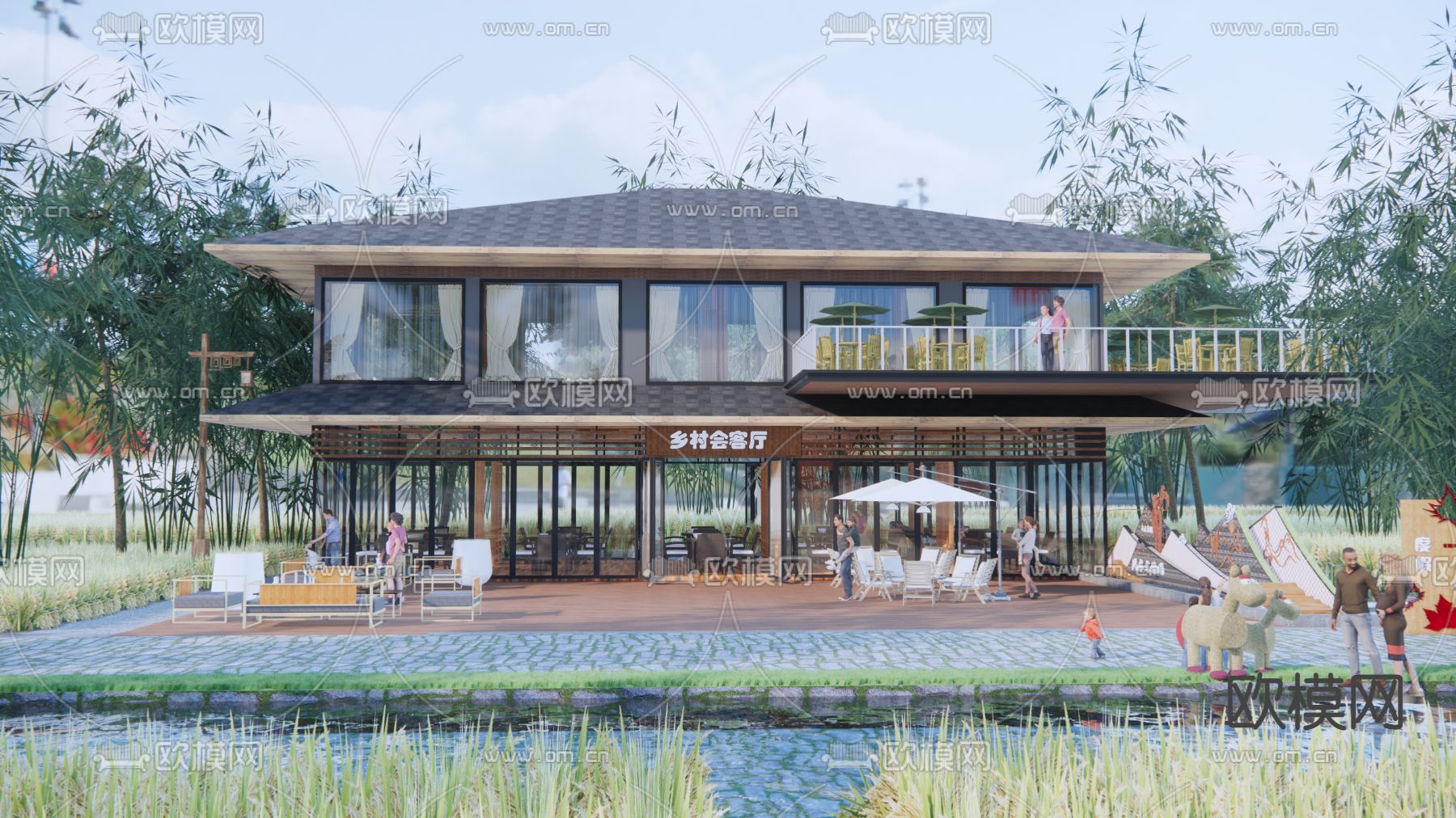 新中式民宿酒楼建筑外观su模型下载（渲染图1）