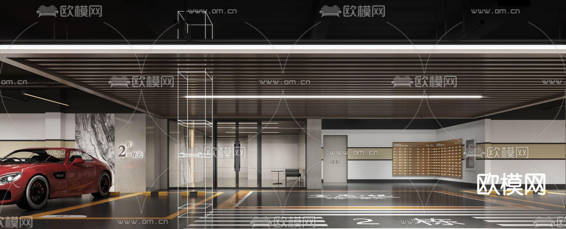 现代地下室停车场su模型下载（渲染图1）