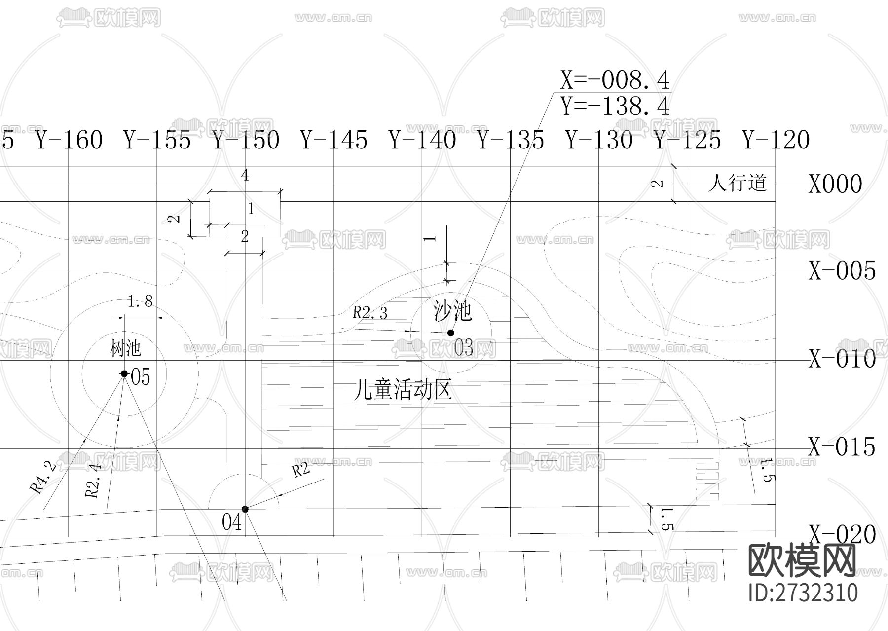 带状公园施工放线图节点大样下载（渲染图3）