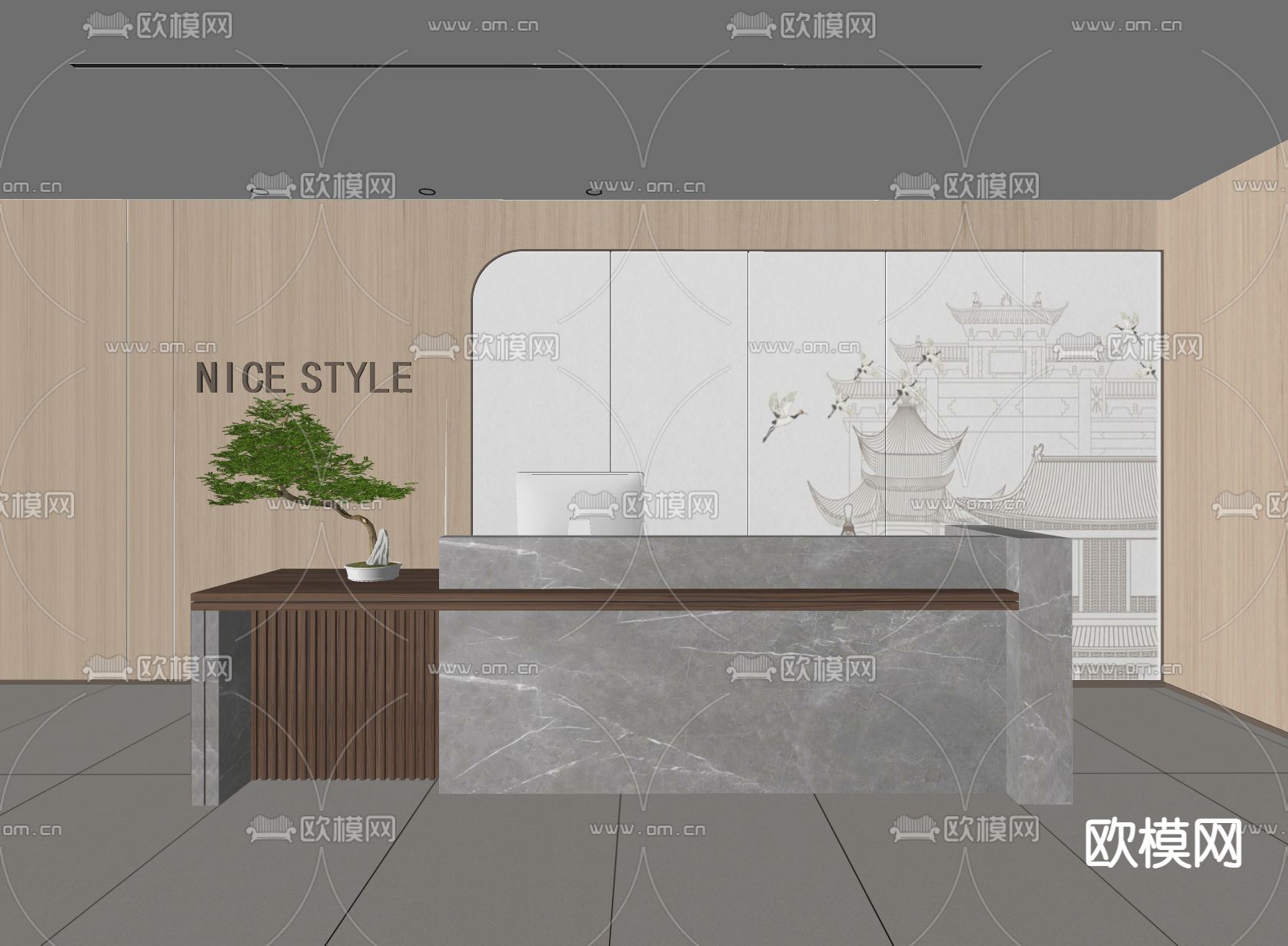 新中式接待台su模型下载（渲染图2）