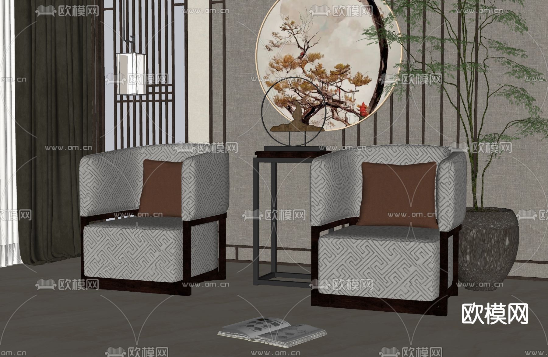 新中式单人沙发su模型下载（渲染图2）
