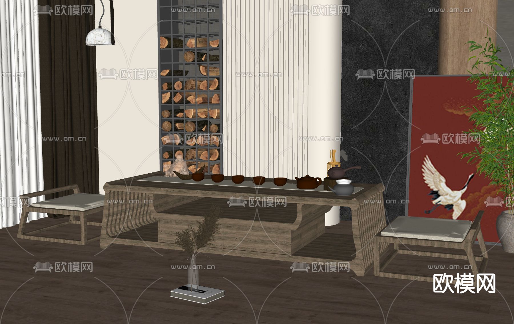 新中式茶桌椅su模型下载（渲染图2）