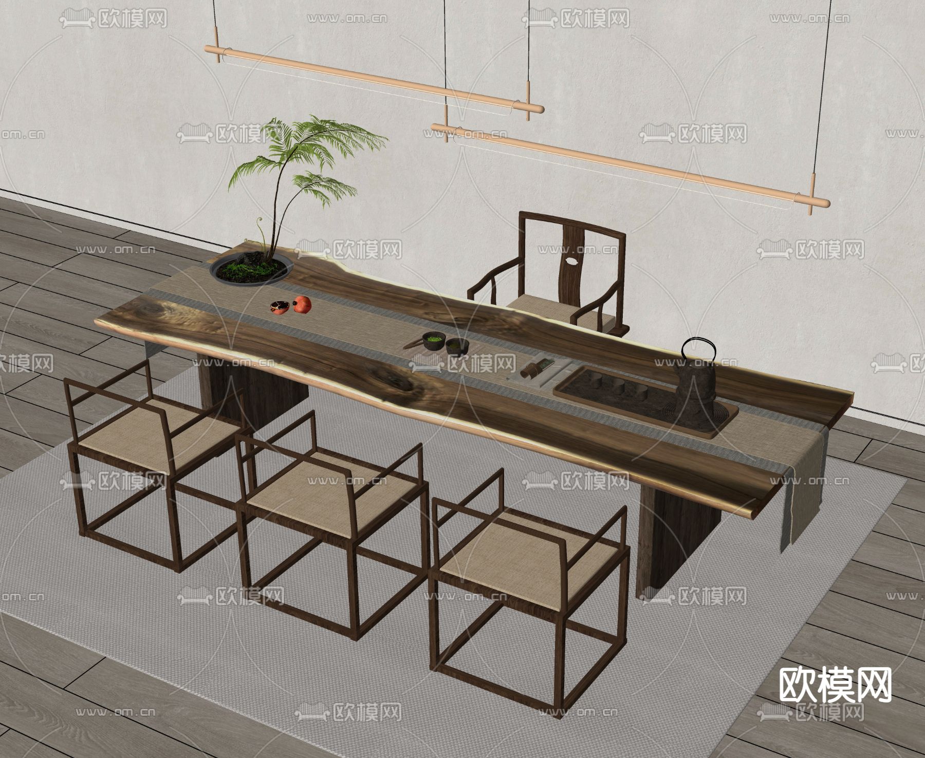 新中式茶桌椅su模型下载（渲染图2）