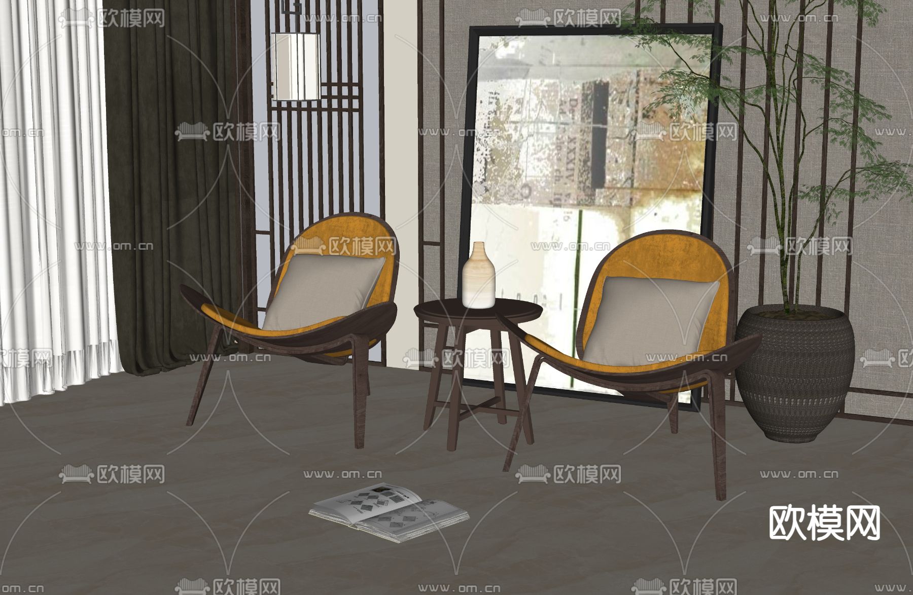 新中式休闲椅su模型下载（渲染图2）