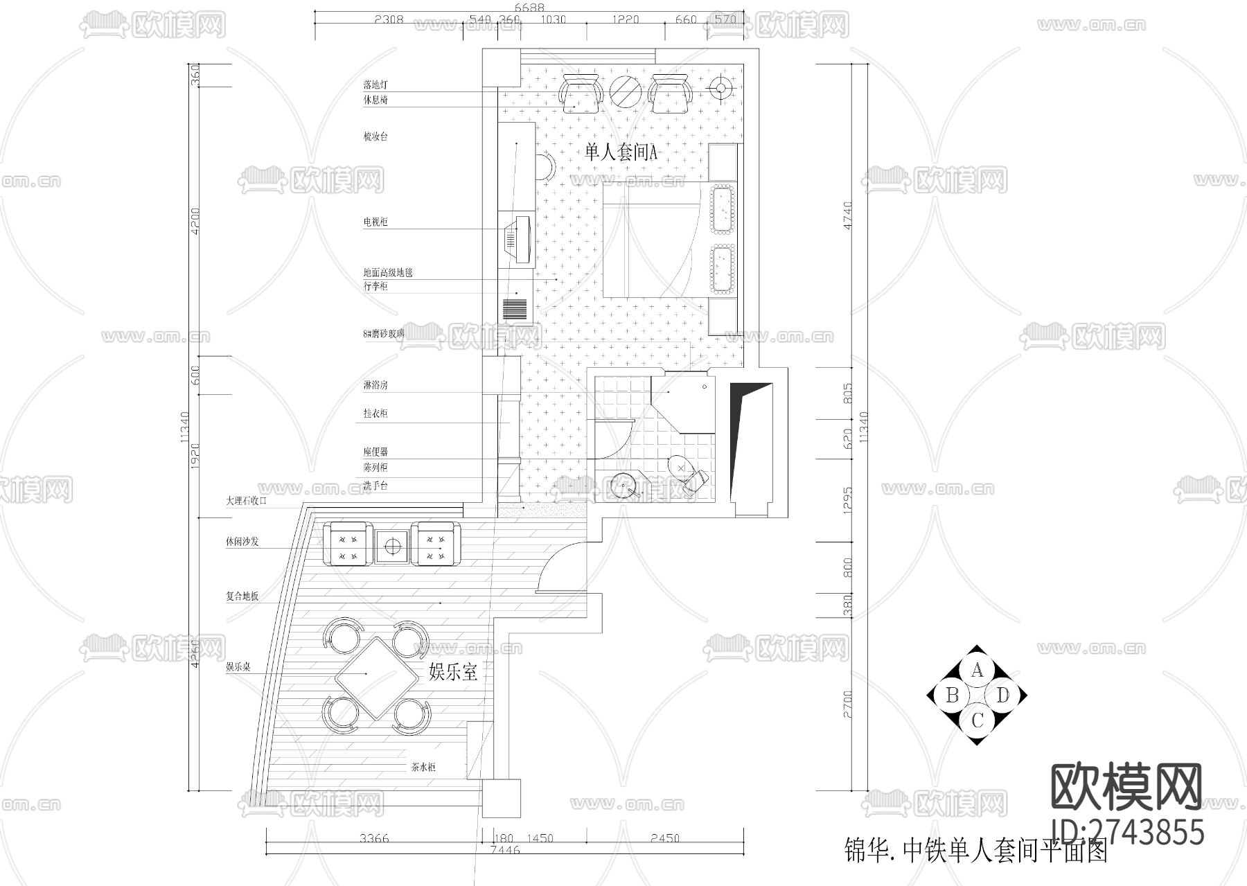 五星级酒店客房CAD施工图下载（渲染图3）