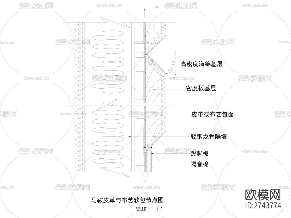 马鞍皮革与布艺软包墙面节点大样图-免费3dmax模型库-欧模网