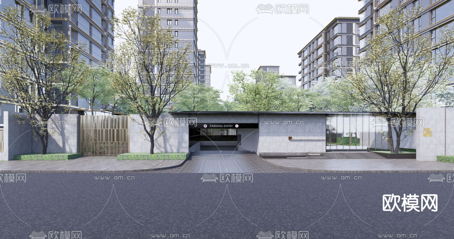 现代住宅小区入口su模型下载（渲染图1）