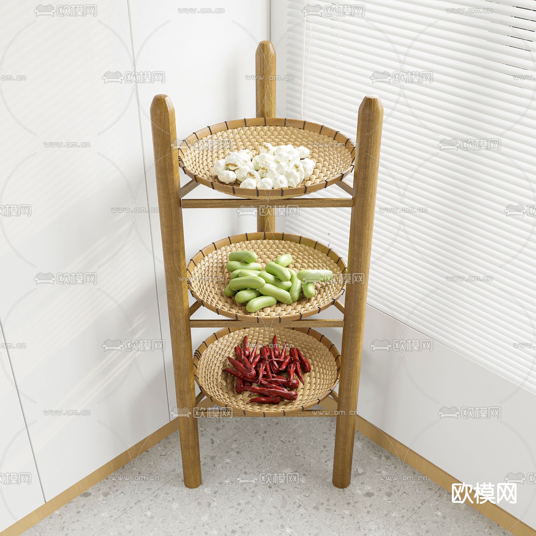 中式置物架 架子 竹筛子su模型下载（渲染图1）