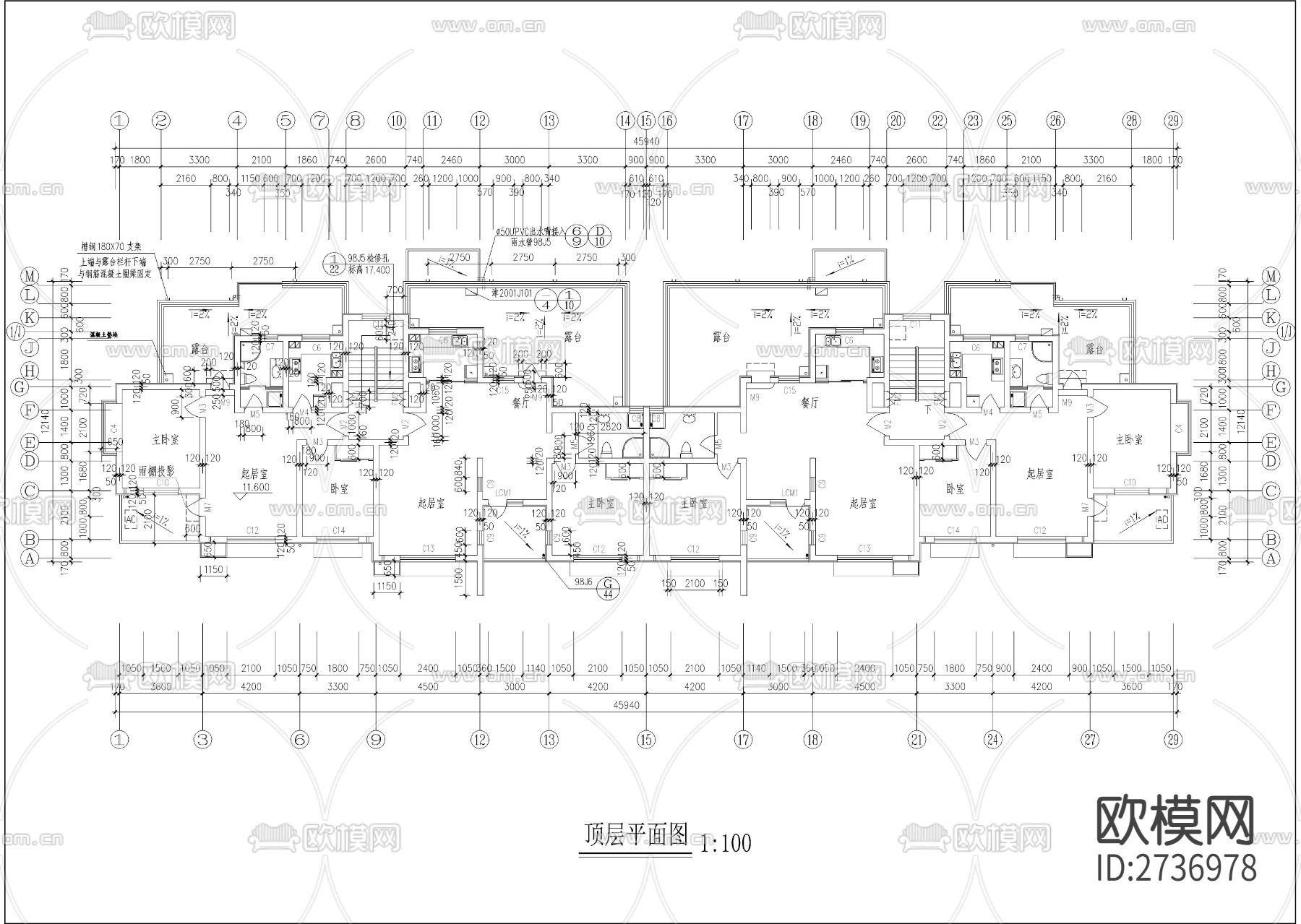 五层坡屋顶全套建筑cad施工图下载（渲染图3）