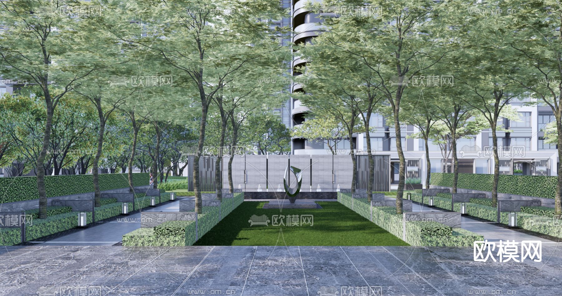 现代住宅小区景观su模型下载（渲染图1）