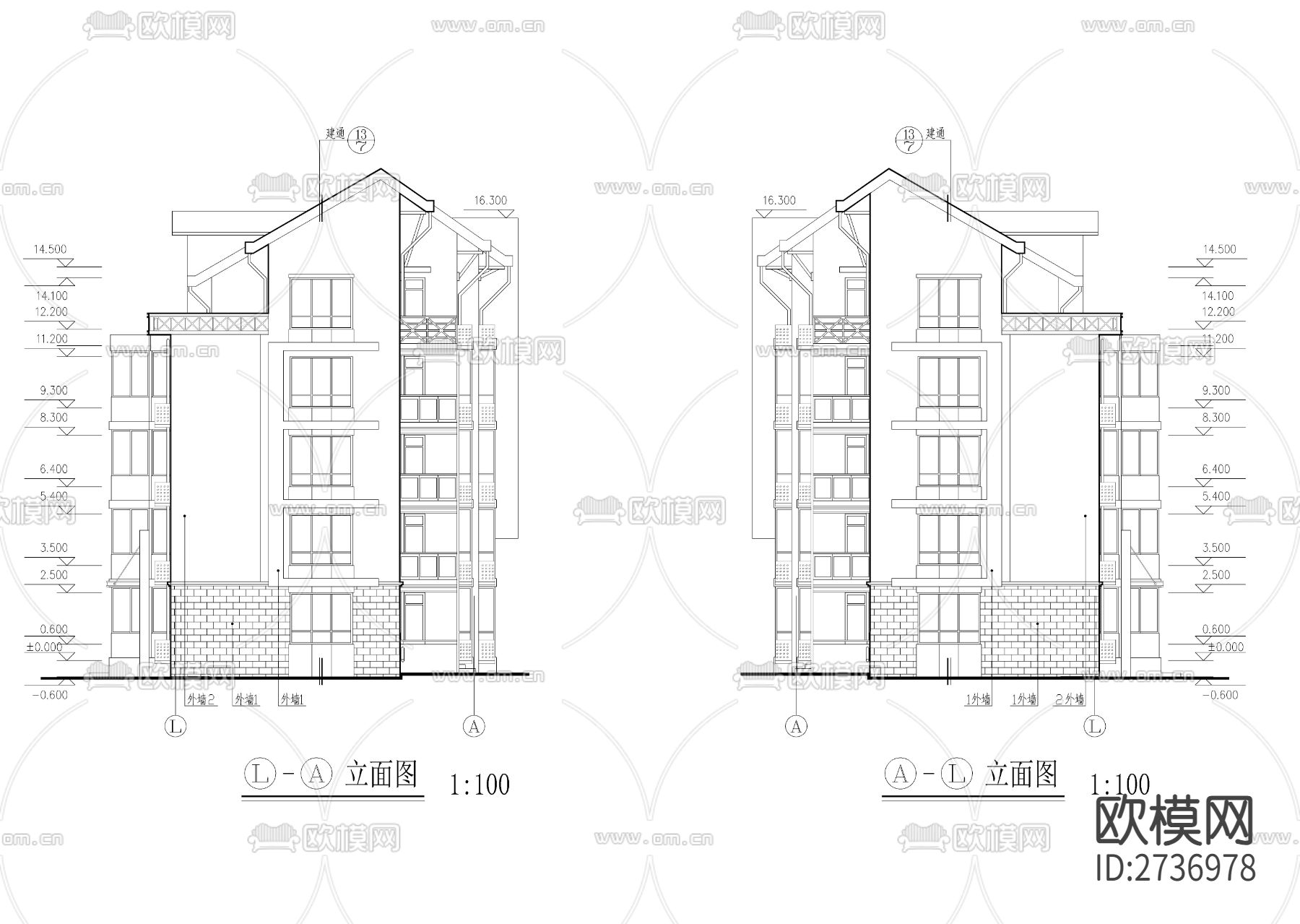 五层坡屋顶全套建筑cad施工图下载（渲染图8）