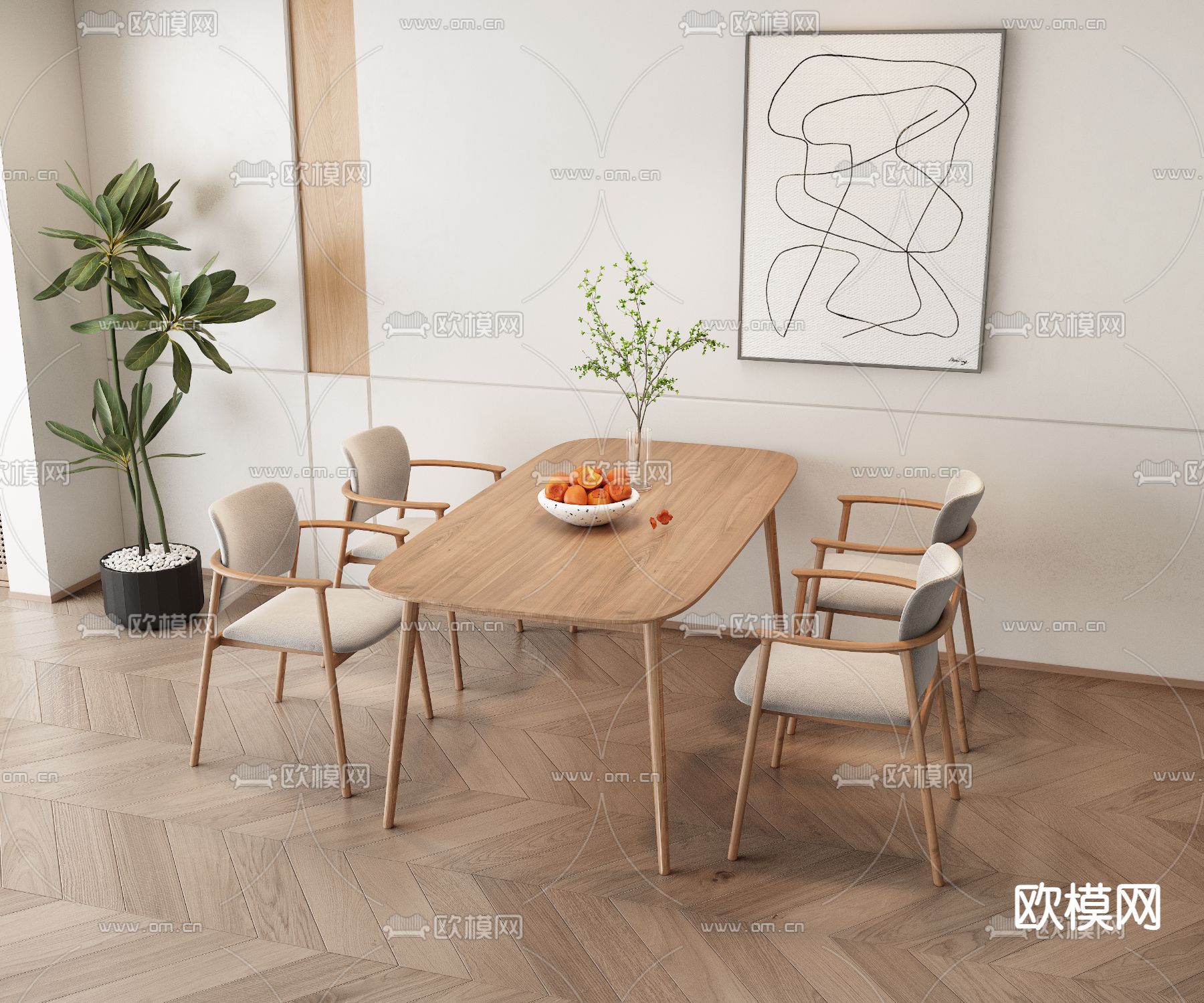 北欧餐桌椅3d模型下载（渲染图1）