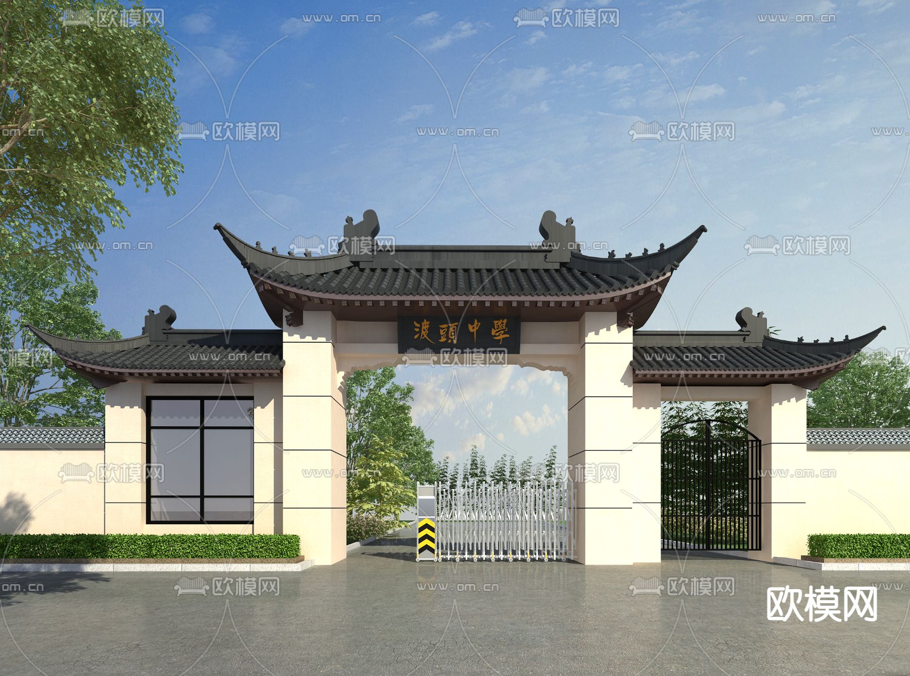 中式学校 大门外观3d模型下载_ID14182227_3dmax免费模型-欧模网