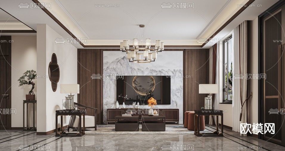 新中式客餐厅免费3d模型下载_ID14167352_3dmax免费模型-欧模网