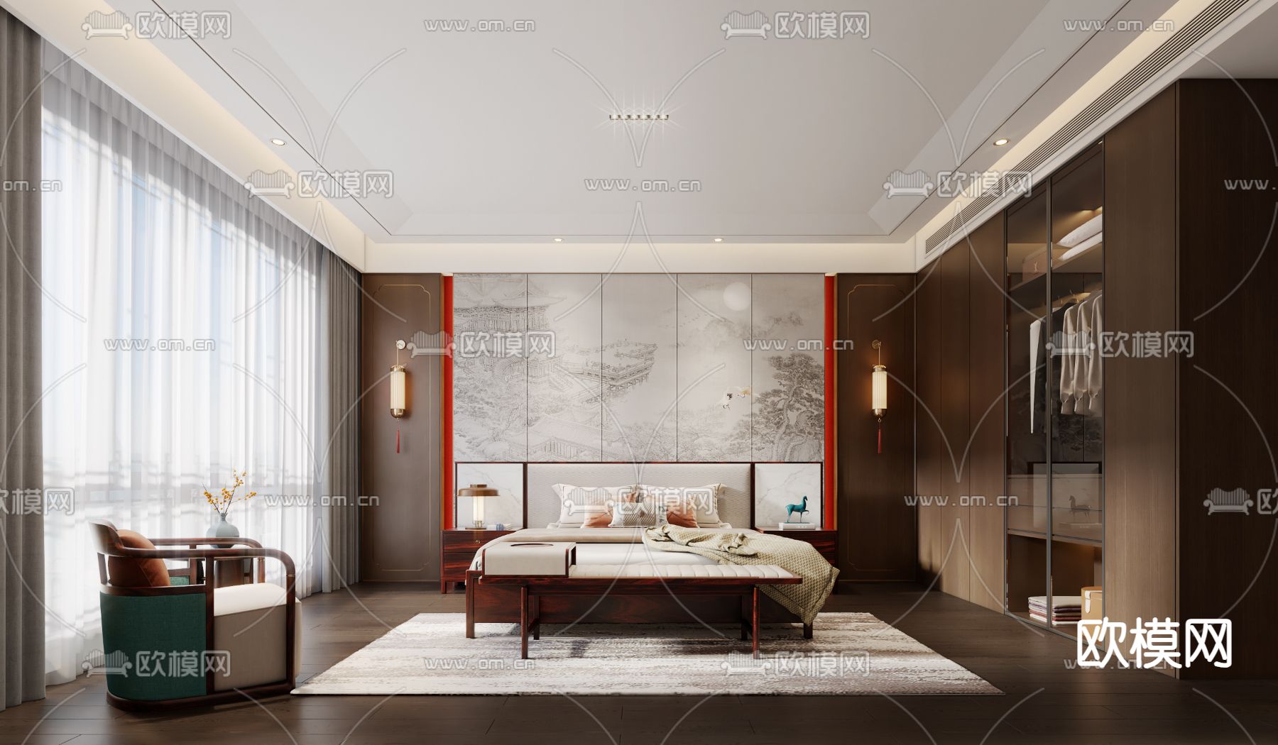 新中式卧室 主卧3d模型下载（渲染图1）
