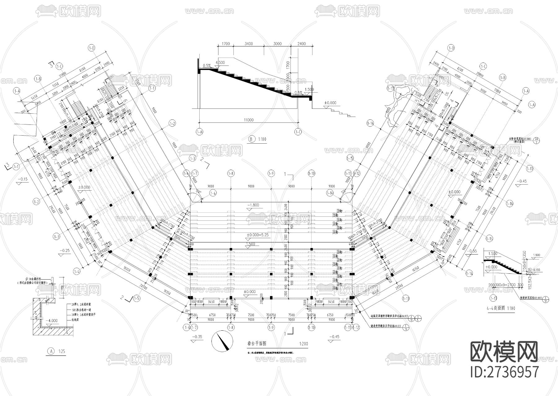 水上表演场看台cad施工图下载（渲染图3）