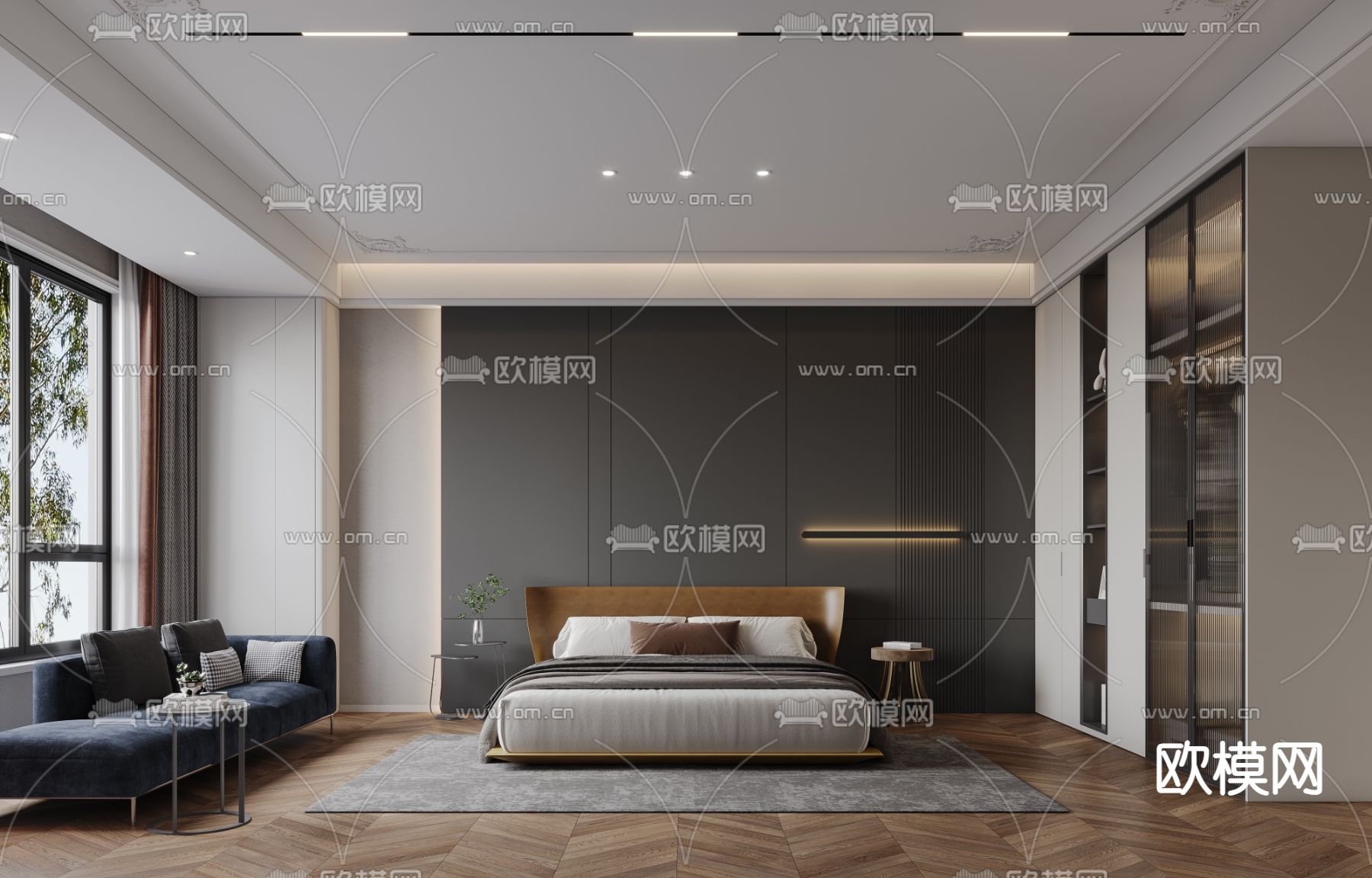 高级灰卧室 主卧3d模型下载（渲染图1）