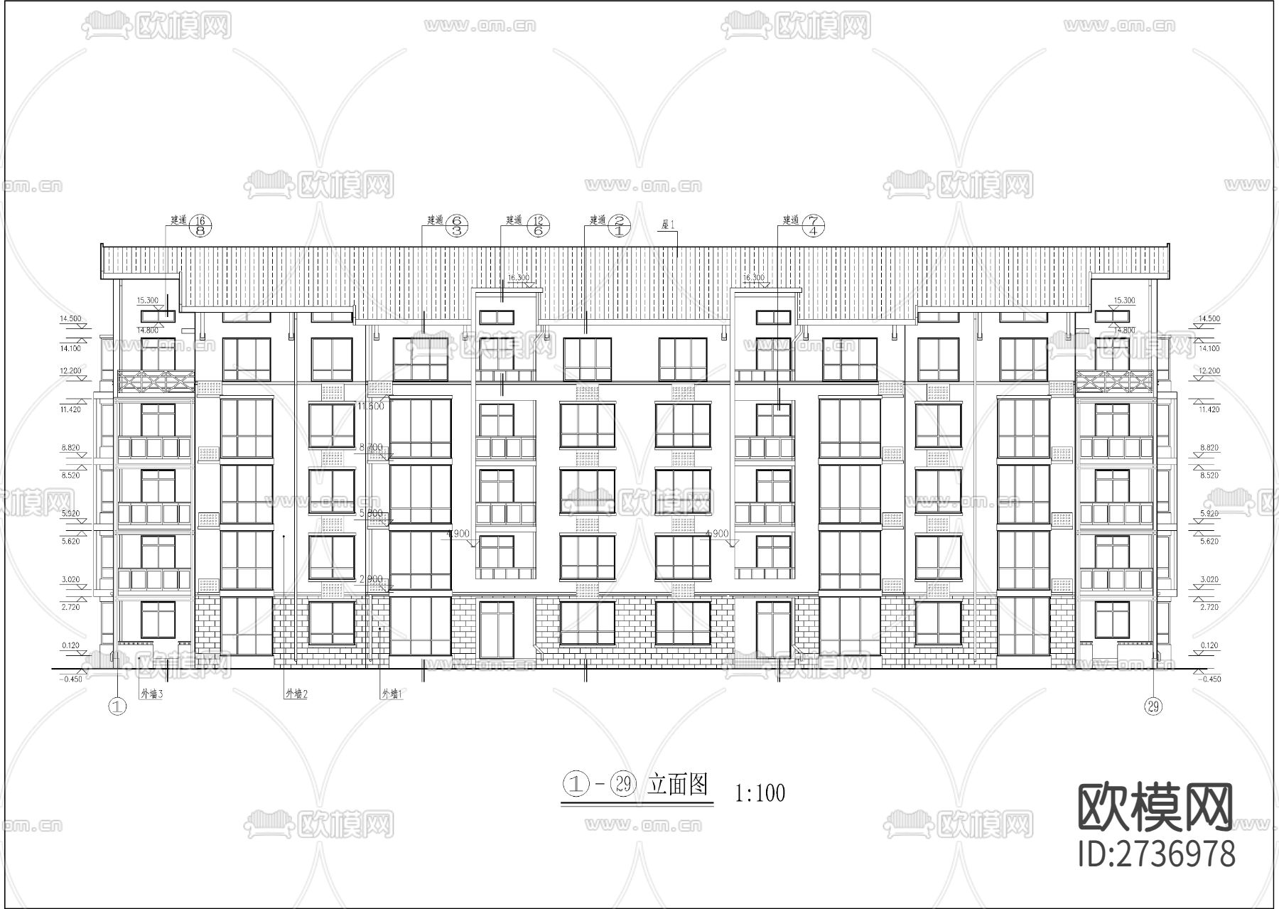五层坡屋顶全套建筑cad施工图下载（渲染图7）