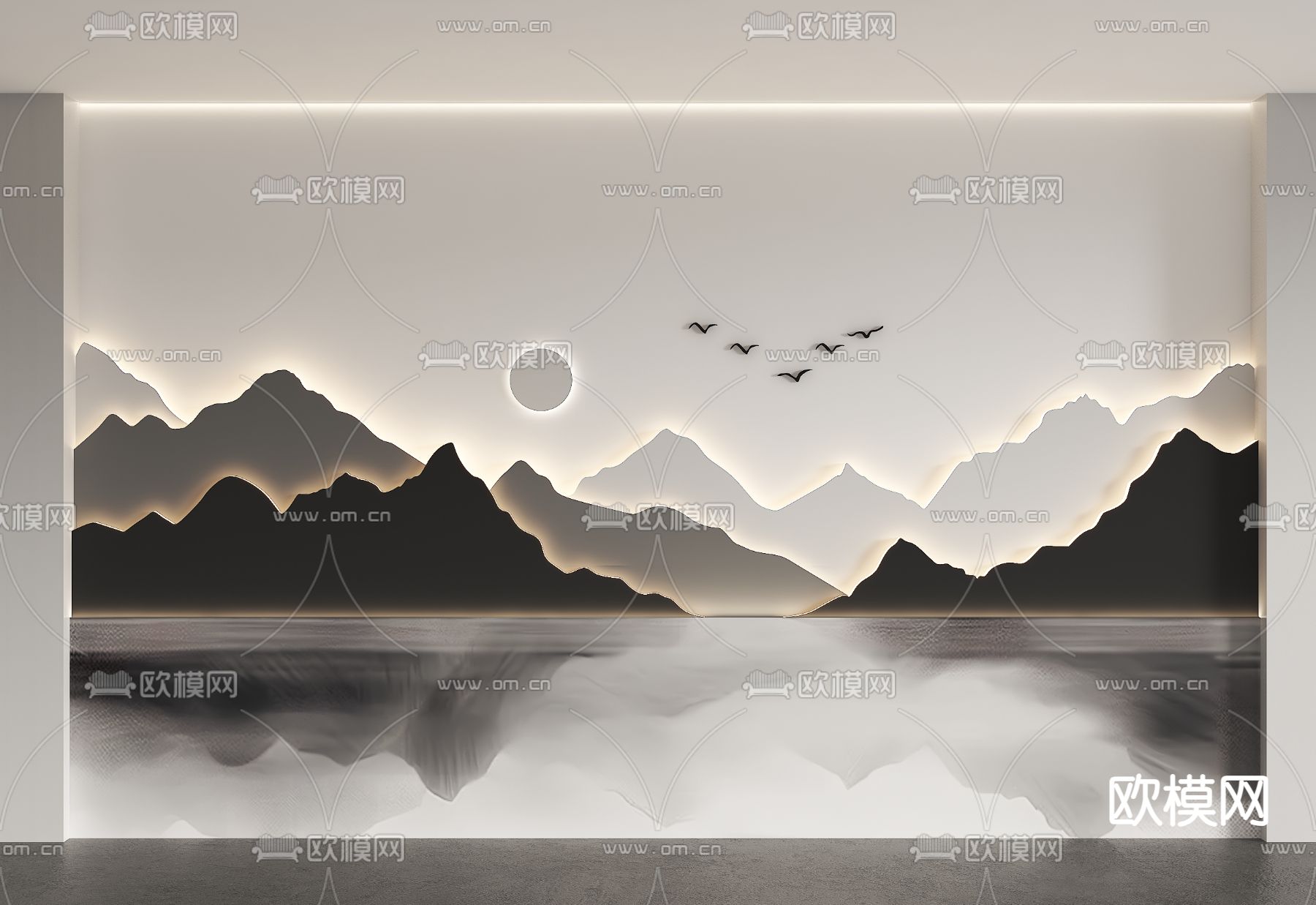 中式山水画背景墙su模型下载（渲染图1）