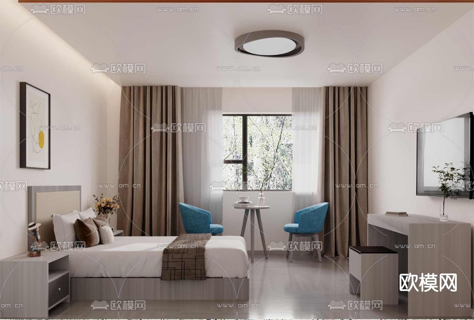 现代酒店客房免费3d模型下载（渲染图2）