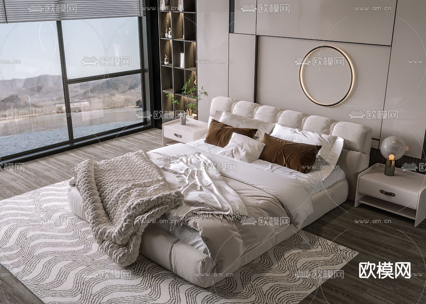 奶油风双人床3d模型下载