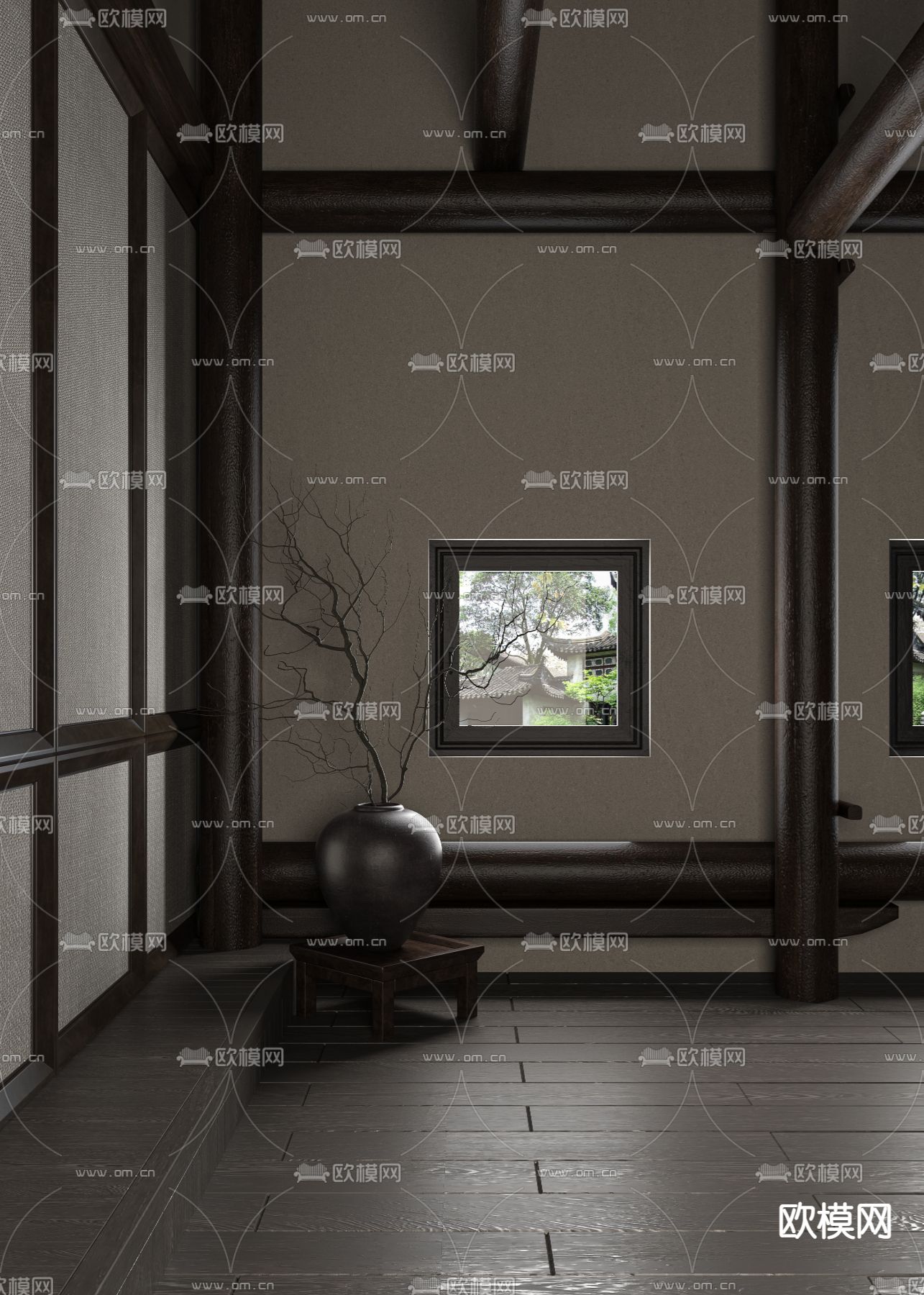 中式花瓶 陶罐 干支 枯枝3d模型下载（渲染图1）