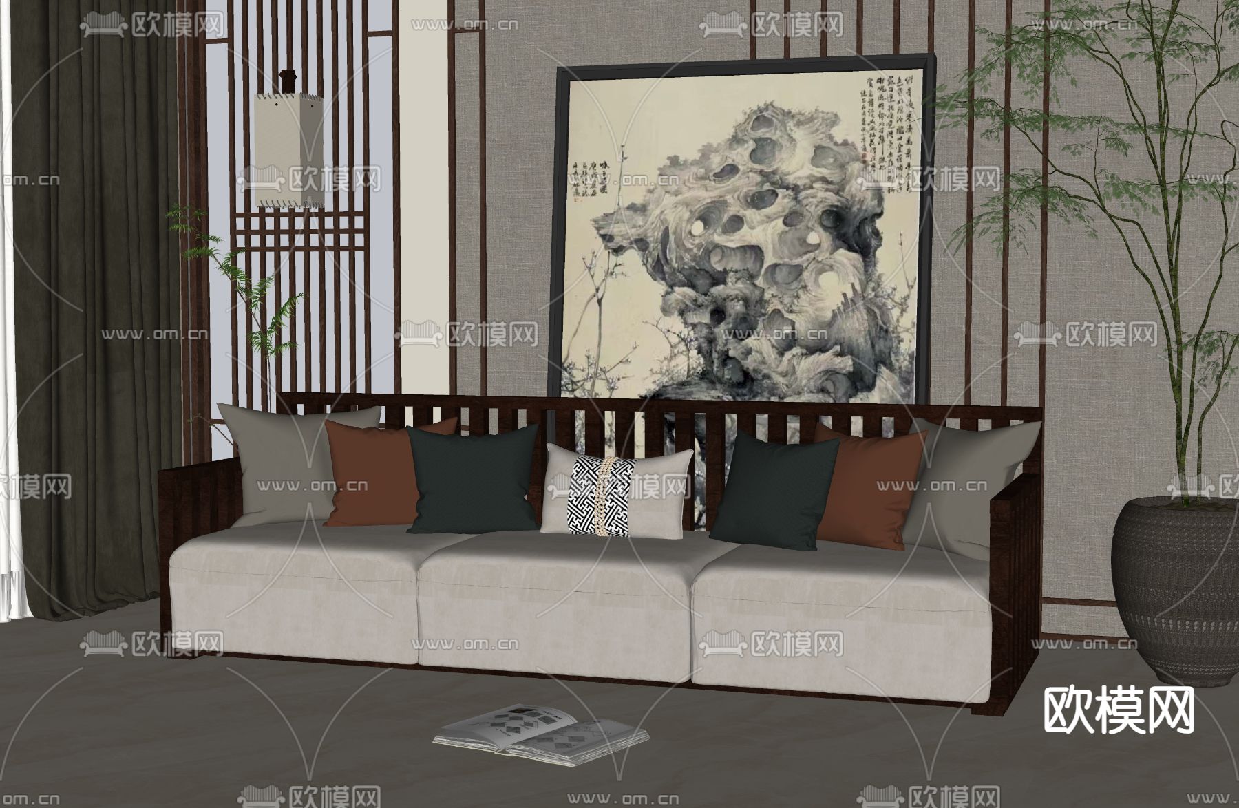 新中式多人沙发su模型下载（渲染图2）