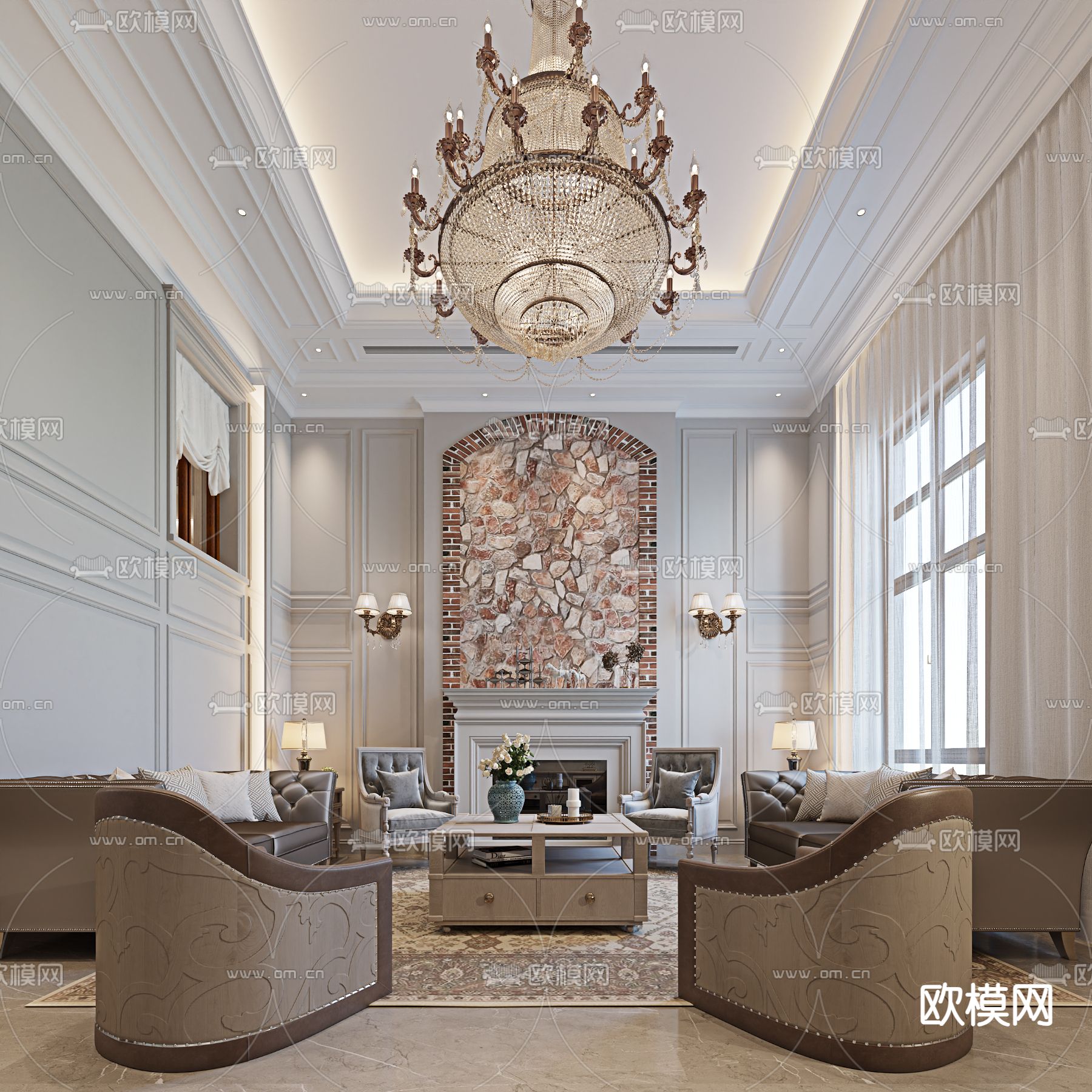 美式别墅客厅 别墅大堂3d模型下载