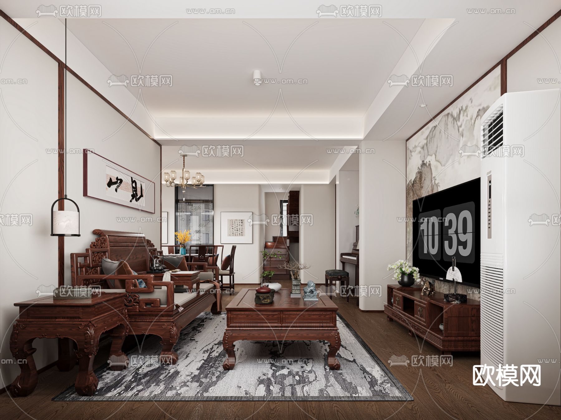 中式客厅 餐厅3d模型下载_ID14182697_3dmax免费模型-欧模网