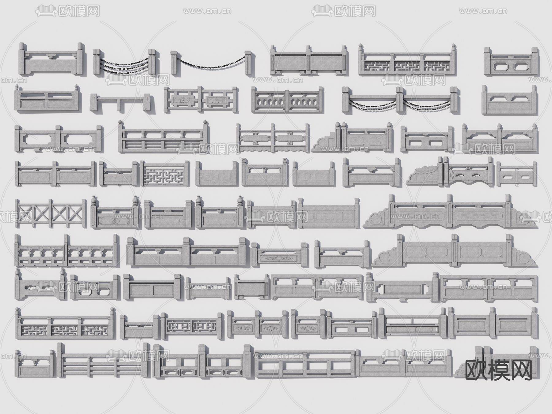 中式桥栏杆 石栏杆 铁链栏3d模型下载