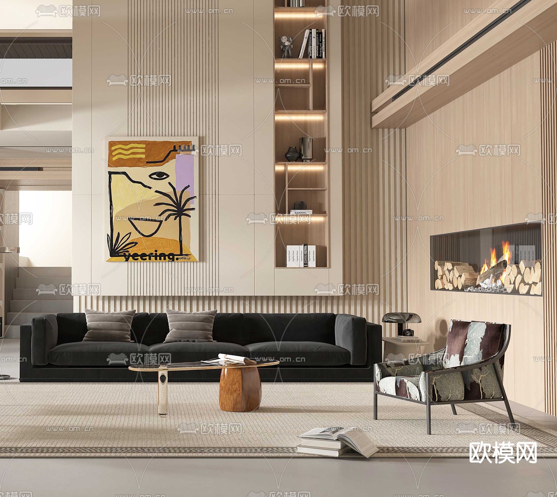 原木风别墅客厅 别墅大堂3d模型下载（渲染图2）