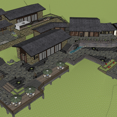  新中式民宿鸟瞰su模型 