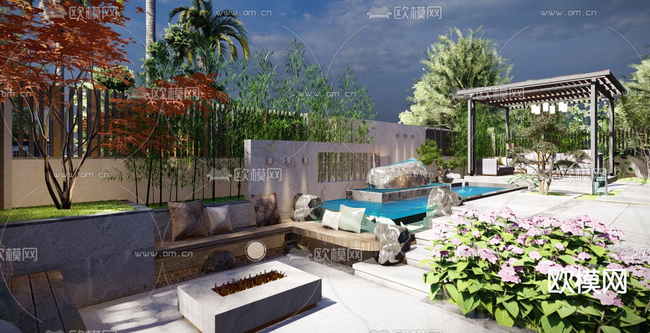 现代庭院花园su模型下载（渲染图2）