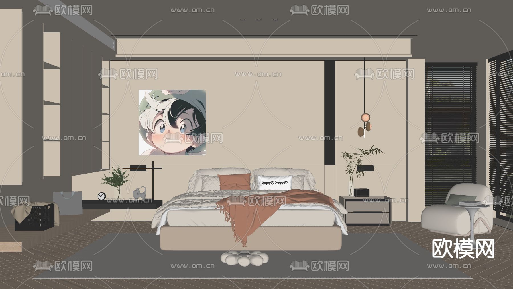 奶油风卧室 主人房su模型下载（渲染图2）