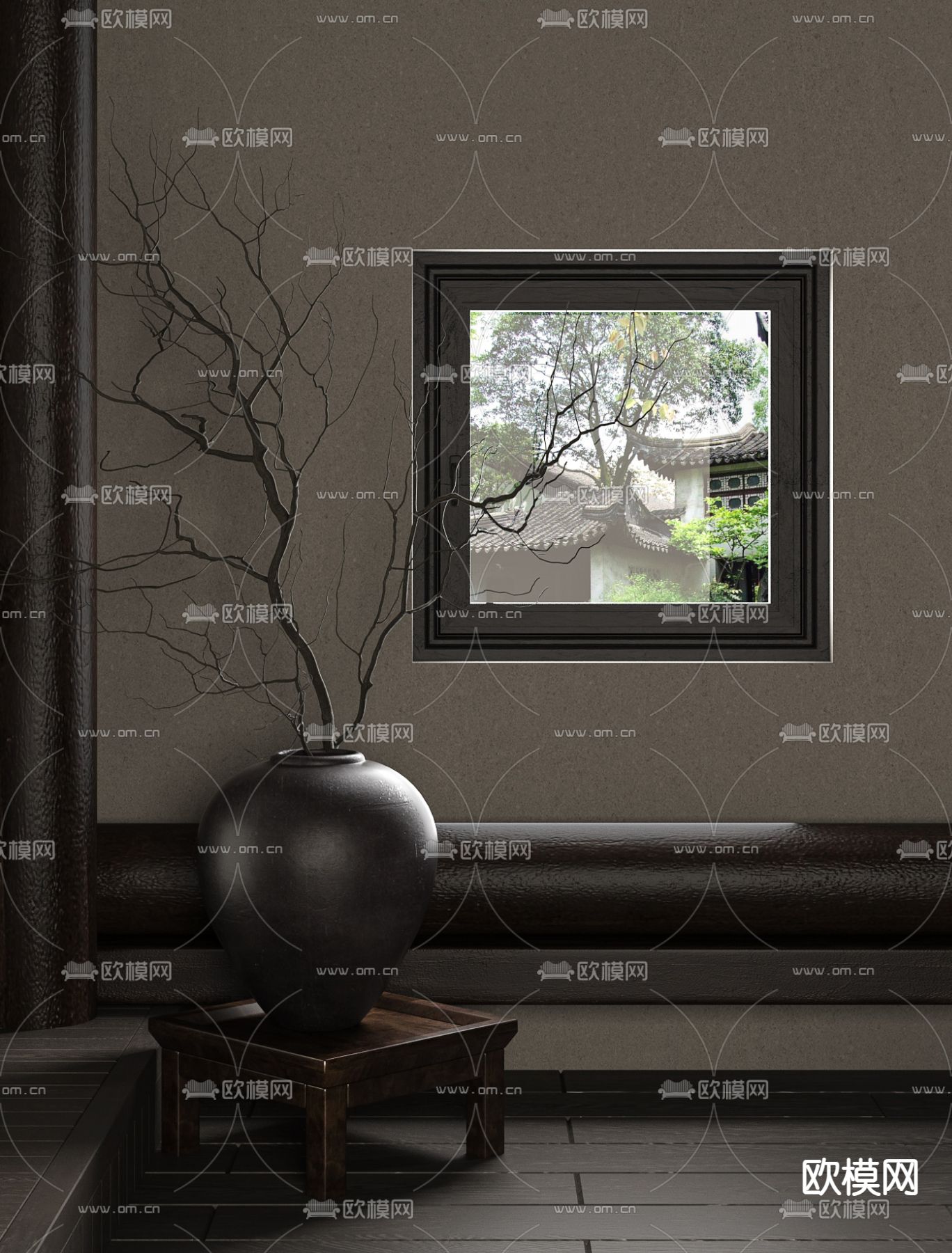 中式花瓶 陶罐 干支 枯枝3d模型下载（渲染图2）