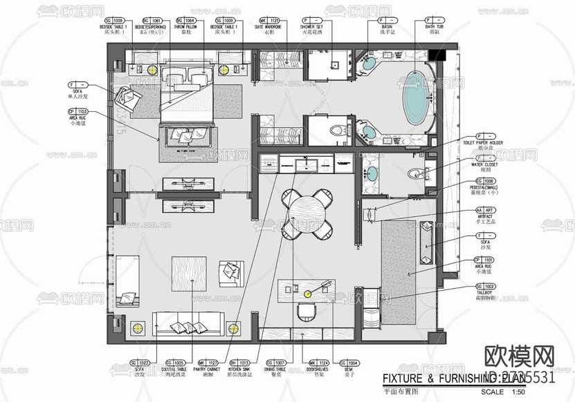 120㎡酒店豪華客房套房CAD施工圖下載(渲染圖4)
