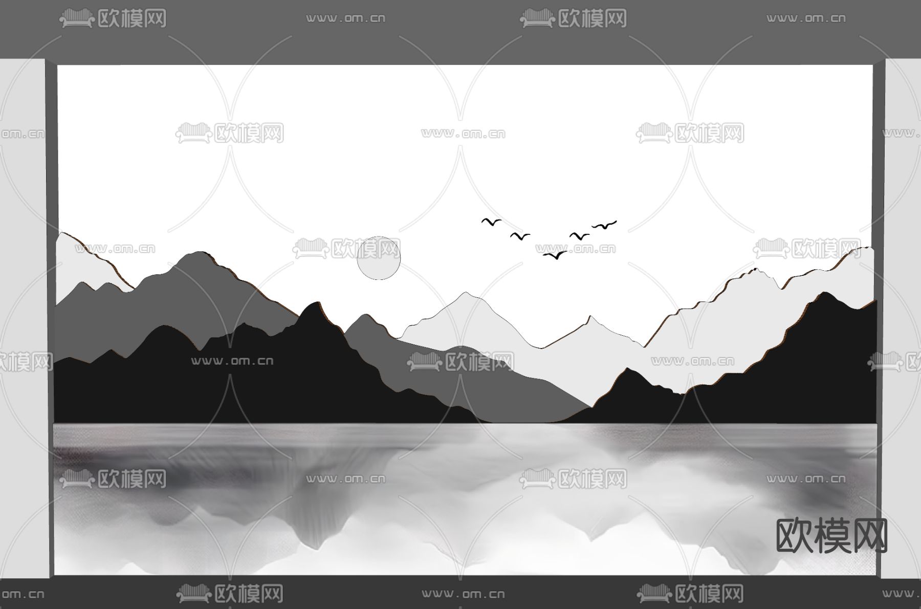 中式山水画背景墙su模型下载（渲染图2）