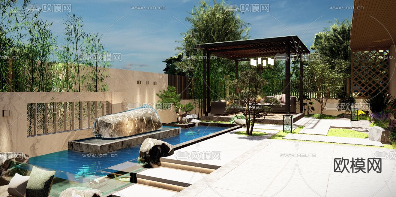 现代庭院花园su模型下载（渲染图3）