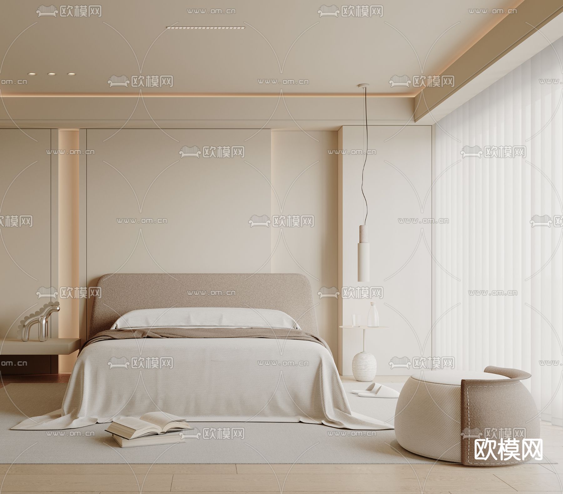 奶油风卧室 主人房3d模型下载（渲染图3）