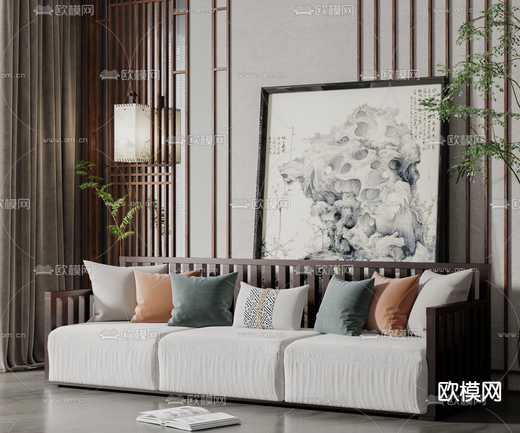 新中式多人沙发su模型下载（渲染图1）