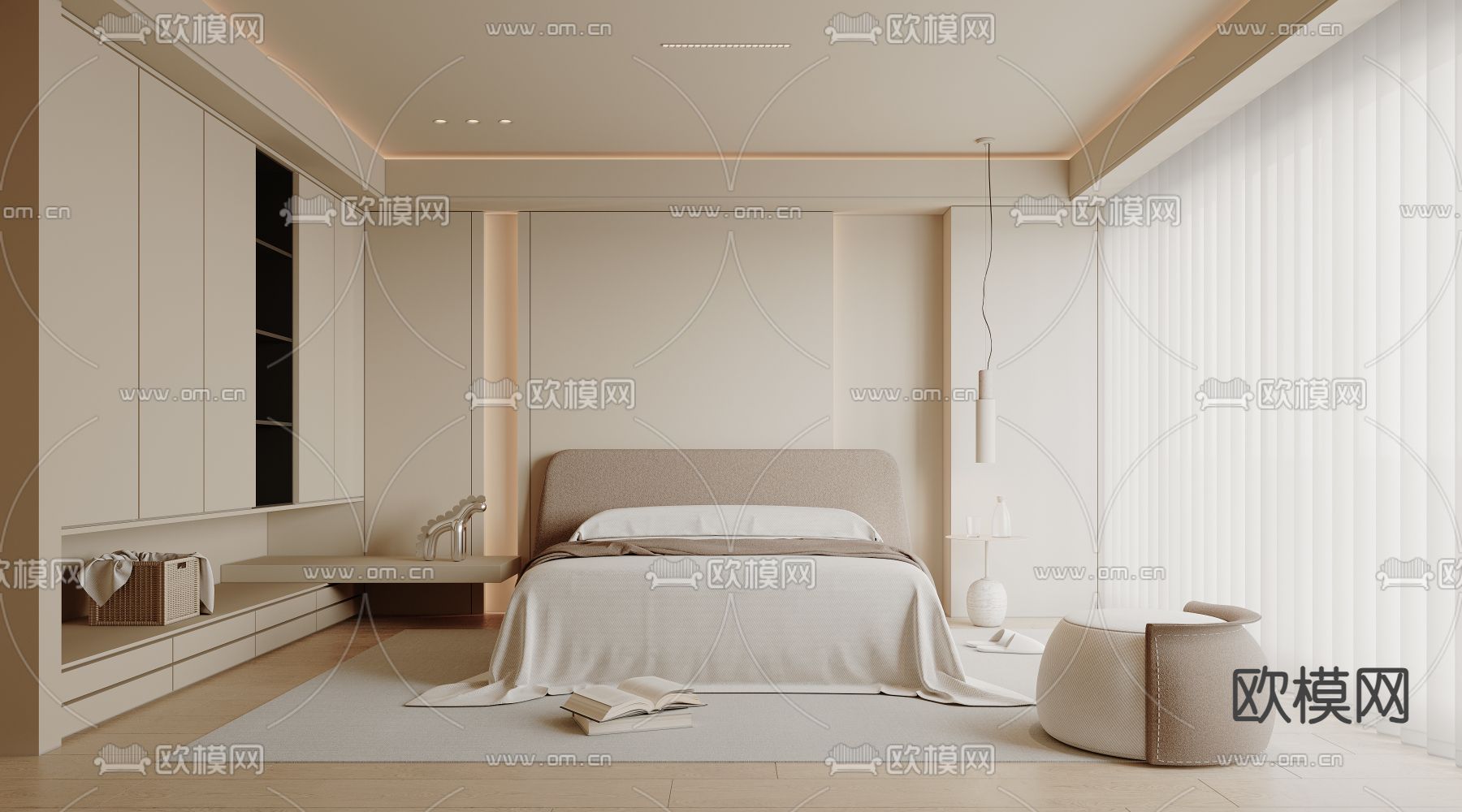 奶油风卧室 主人房3d模型下载（渲染图1）