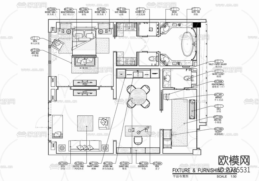 120㎡酒店豪華客房套房CAD施工圖下載(渲染圖2)
