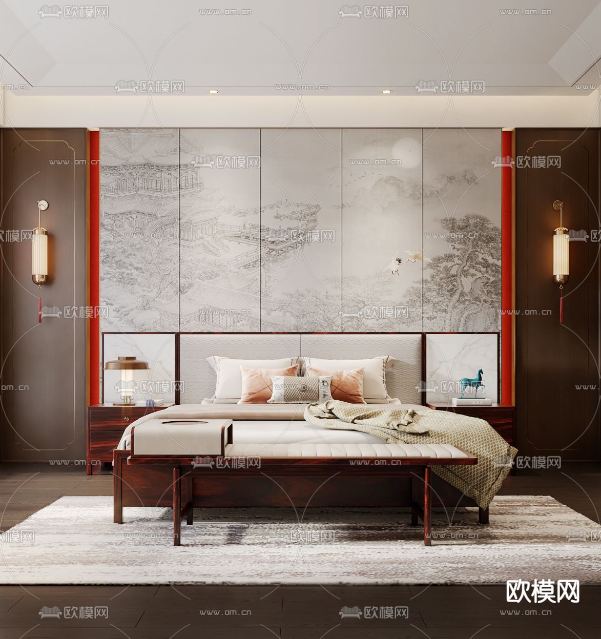 新中式卧室 主卧3d模型下载（渲染图2）