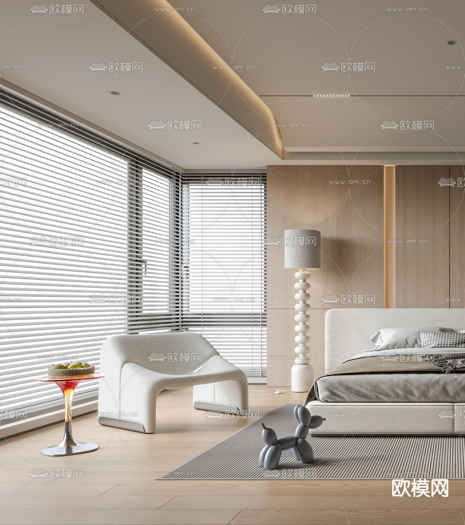 奶油风卧室 主人房3d模型下载（渲染图2）